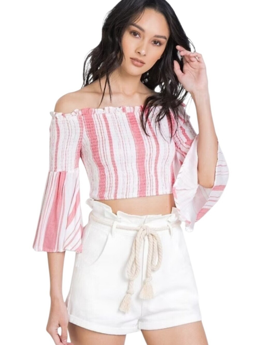 Flying Tomatoe Pink and White Striped Off-Shoulder Crop Top
